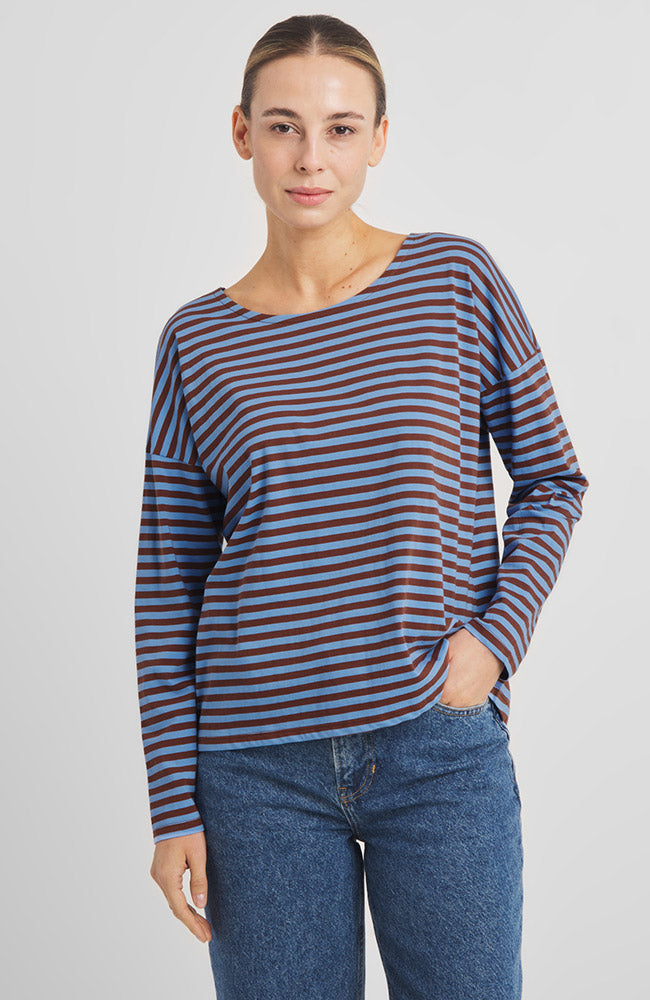 Dedicated Humledal stripes top bruin blauw bio katoen voor dames | Sophie Stone