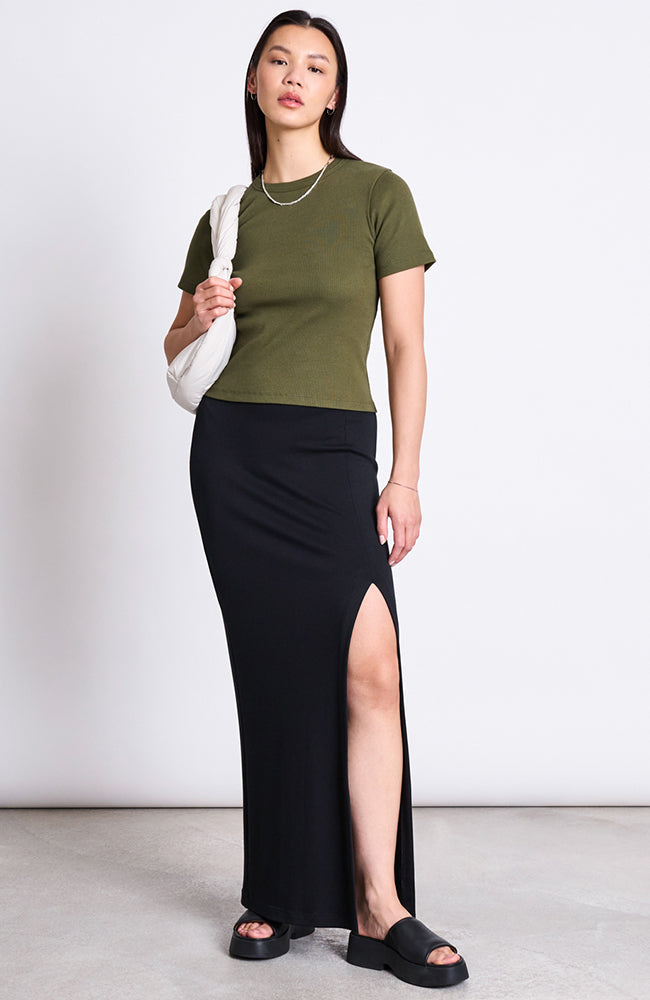 JAN N JUNE Nile rib t-shirt dark olive from organic cotton | Sophie Stone