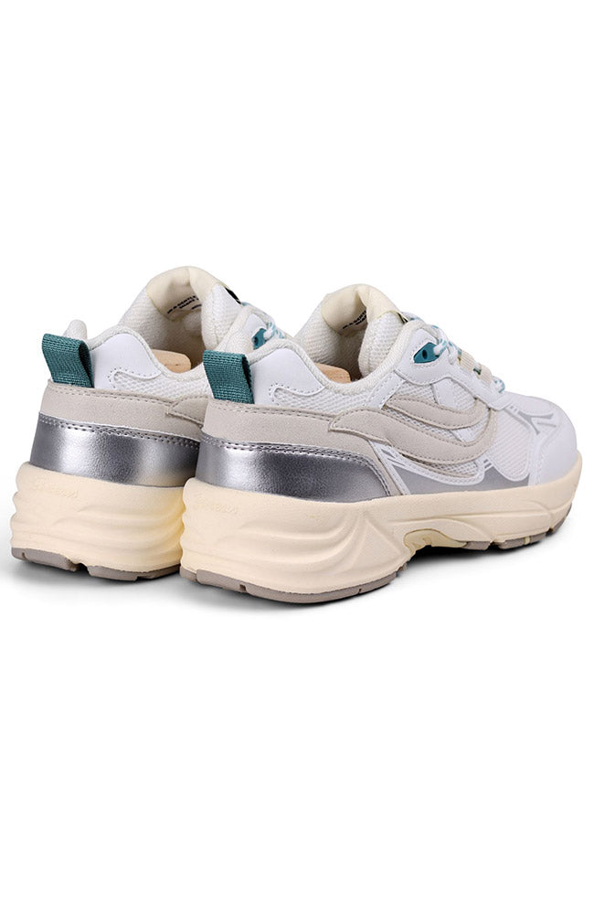 G-Eco '99 Gray-Bottomed Sneaker, White and Silver, Vegan Leather, Women's | Sophie Stone
