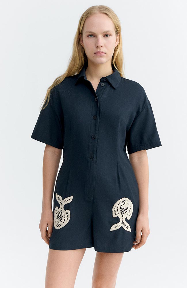 Thinking MU Roberta Jumpsuit in Navy Fish Print, Made from Organic Cotton, for Women | Sophie Stone