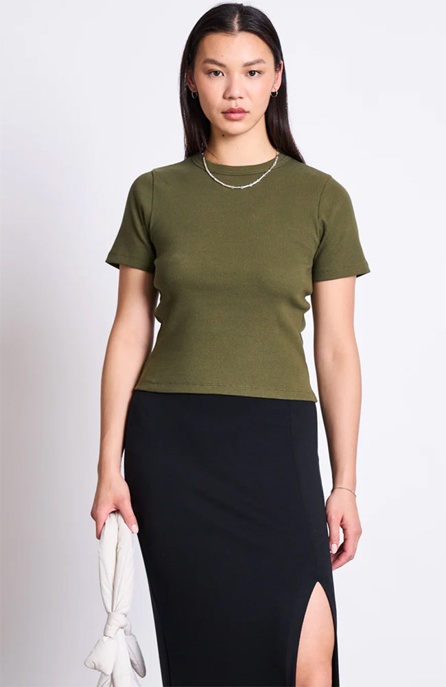 JAN N JUNE Nile rib t-shirt dark olive from organic cotton ladies | Sophie Stone