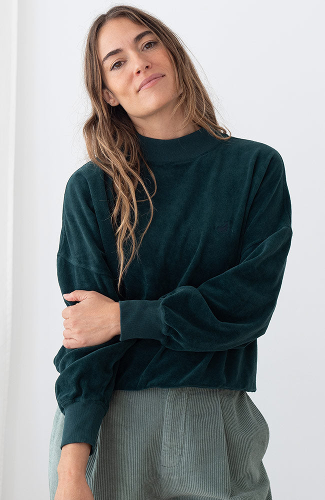 TWOTHIRDS Binz velvet sweater dark green 100% biologisch katoen dames | Sophie Stone