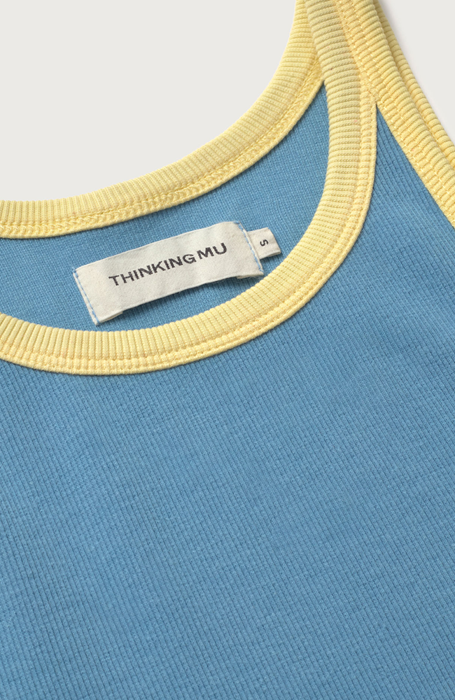 Thinking MU Harriet rib top blue yellow made from organic cotton women's | Sophie Stone