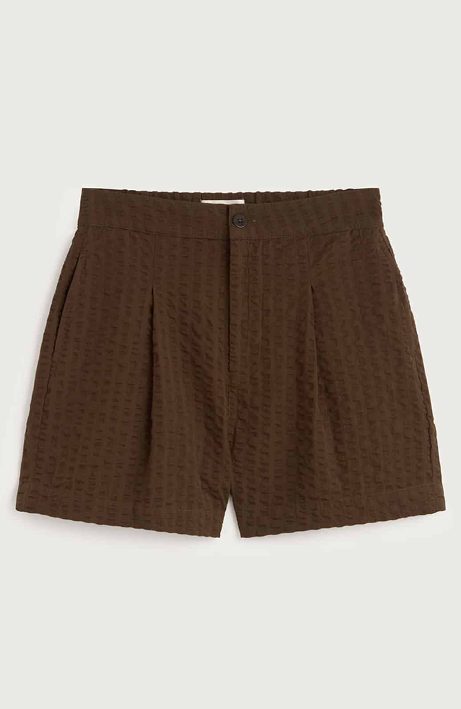 Thinking MU Narciso Shorts aus braunem Seersucker aus Bio-Baumwolle für Damen | Sophie Stone