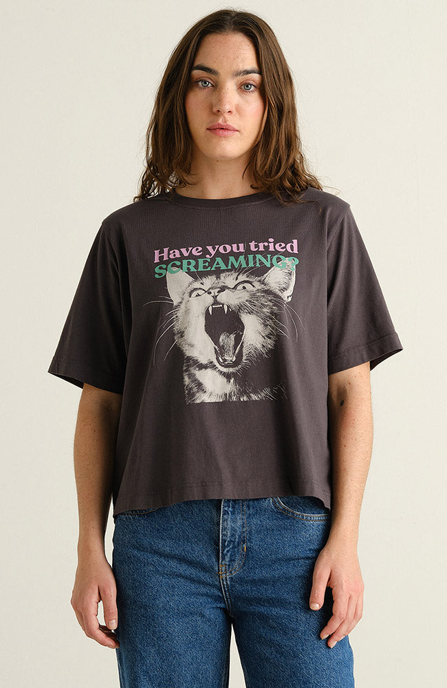 Dedicated Vadstena t-shirt screaming cat grijs biologisch katoen voor vrouwen | Sophie Stone