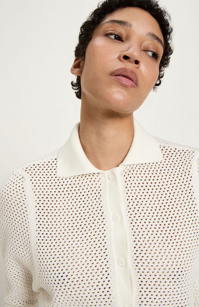 Lanius short-sleeved cardigan in off-white organic cotton for women | Sophie Stone