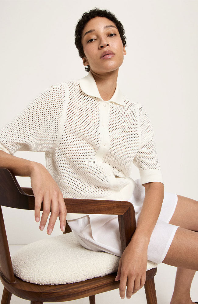 Lanius short-sleeved cardigan in off-white organic cotton for women | Sophie Stone