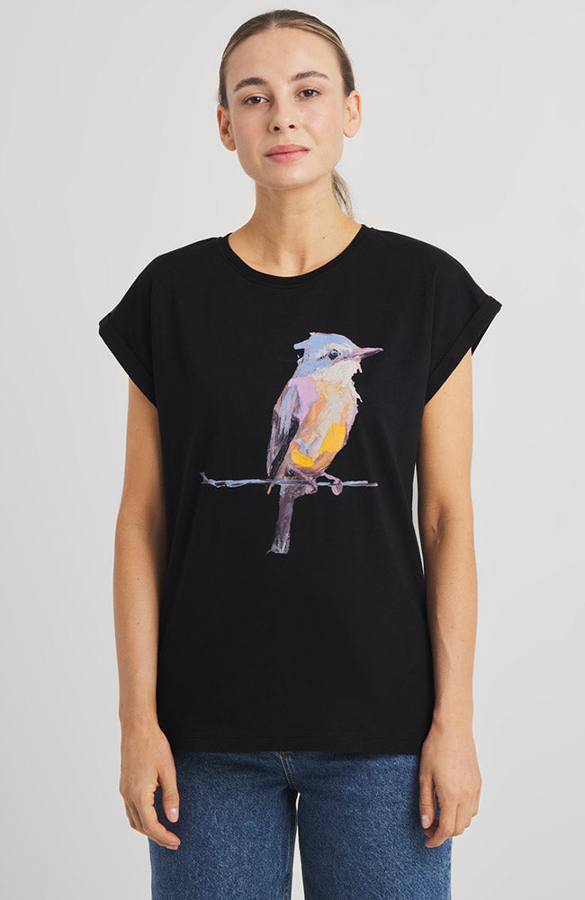 Dedicated T-shirt Visby Painted bird zwart van bio katoen voor dames | Sophie Stone