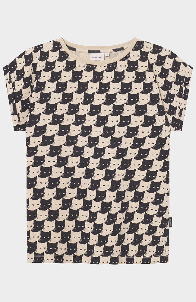 Dedicated Visby t-shirt pepita cats zwart van bio katoen voor vrouwen | Sophie Stone