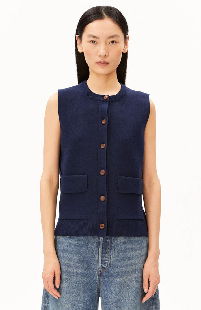ARMEDANGELS gebreid vest tinted navy van bio katoen dames | Sophie Stone