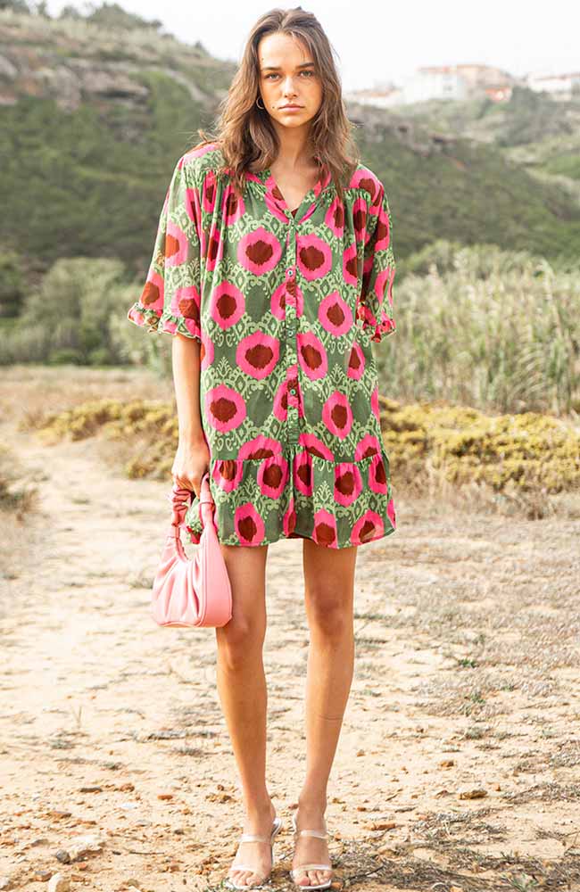 Poppyfield Sancho jurk roze groen ECOVERO dames | Sophie Stone