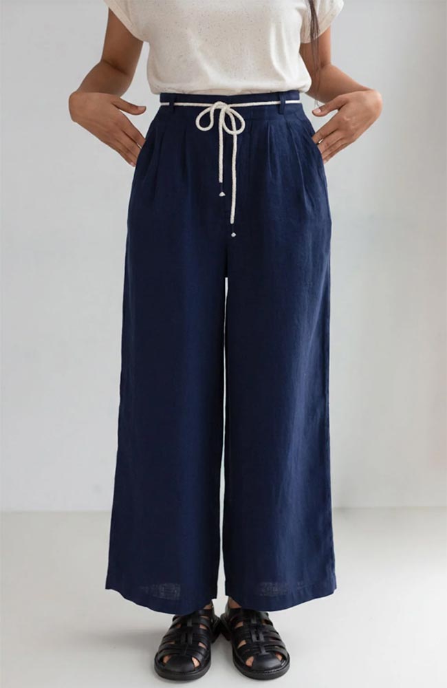 TWOTHIRDS Sanvito blue linen pants for women | Sophie Stone