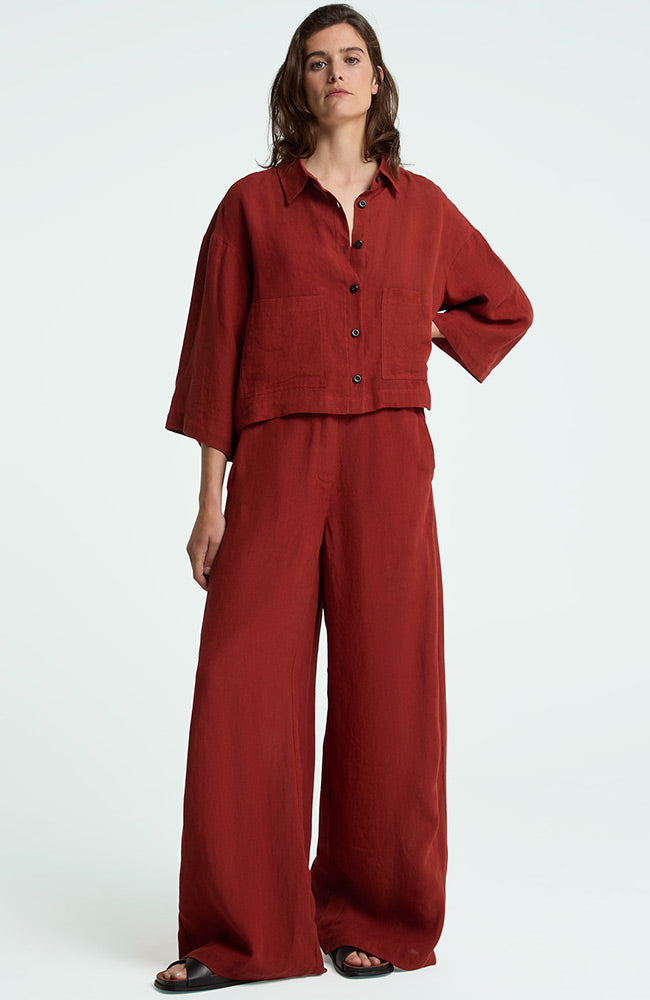 King of Indigo Wanda Jacket in Burnt Henna, 100% Linen, for Women | Sophie Stone