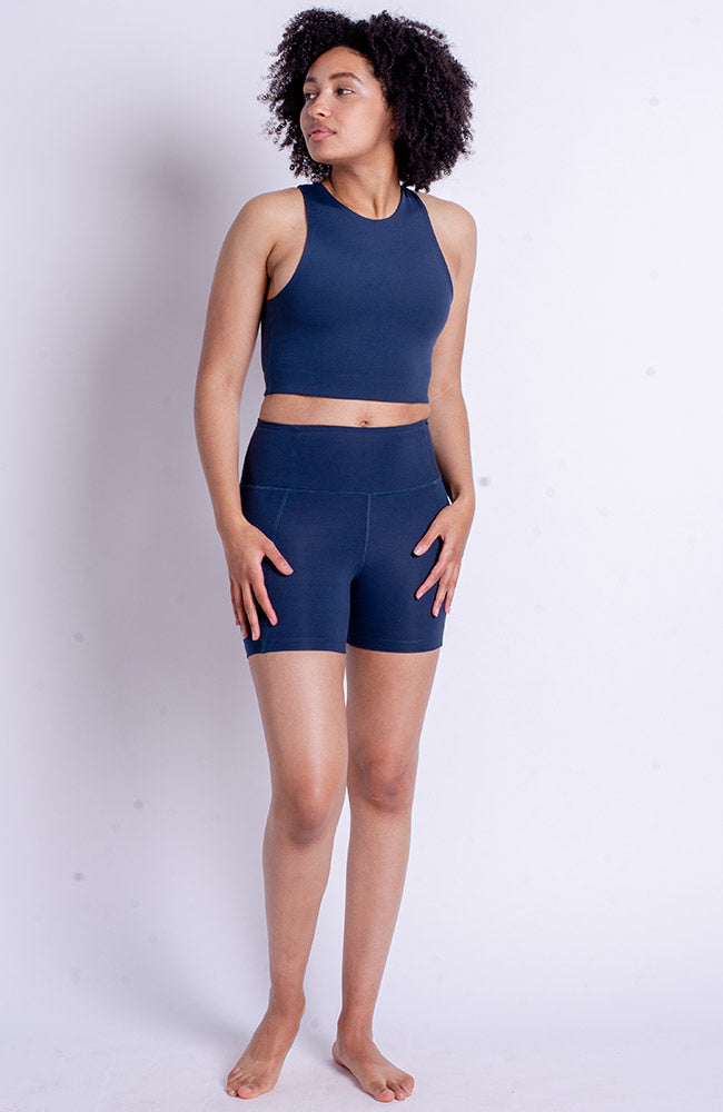 Girlfriend Collective midnight blue run shorts | Sophie Stone
