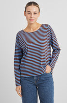 Dedicated Humledal stripes top bruin blauw bio katoen voor dames | Sophie Stone