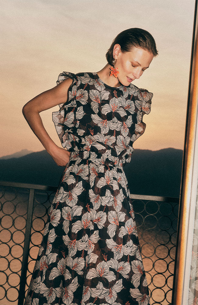 Lanius blouse ruches bloom onyx zwart wit bio katoen voor dames | Sophie Stone