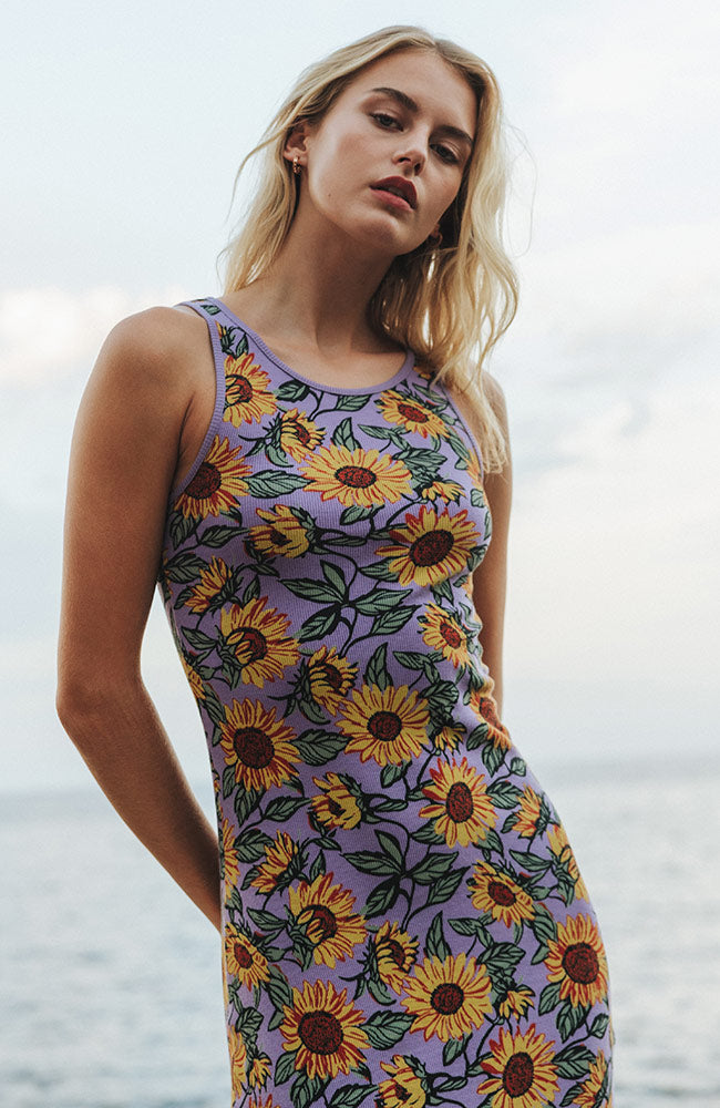 Dedicated Motala Rippen-Kleid Sonnenblumen lila Bio-Baumwolle Damen | Sophie Stone 