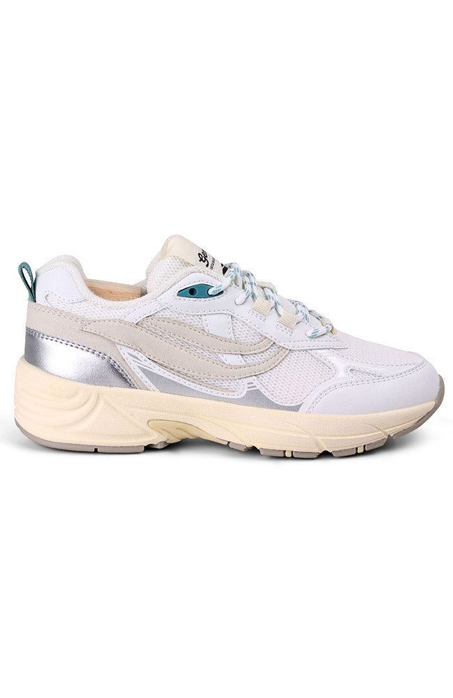 G-Eco '99 Gray-Bottomed Sneaker, White and Silver, Vegan Leather, Women's | Sophie Stone