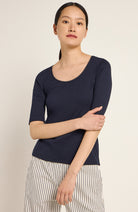 Lanius T-shirt rib blue with lace organic cotton for women | Sophie Stone