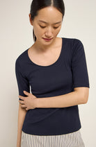 Lanius T-shirt rib blue with lace organic cotton | Sophie Stone