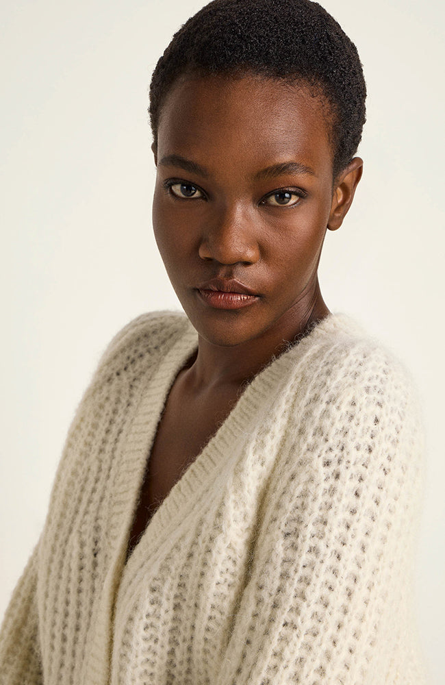 Lanius white rib knit cardigan in alpaca wool for women | Sophie Stone