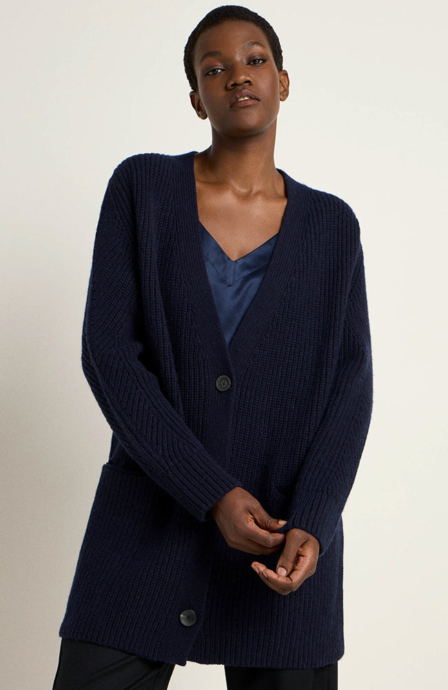 LANIUS knitted long cardigan midnight blue in organic cotton and wool ladies | Sophie Stone