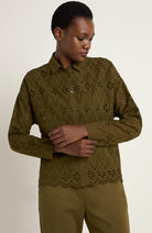 Lanius Broderie blouse dark olive in organic cotton for women | Sophie Stone