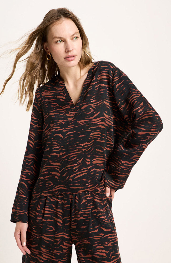 Lanius Tencel blouse animal stripes chocolate voor vrouwen | Sophie Stone