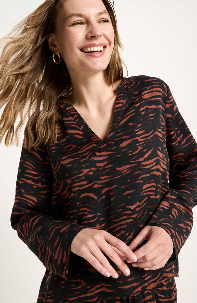 Lanius Tencel Lyocell blouse animal stripes chocolate voor dames | Sophie Stone