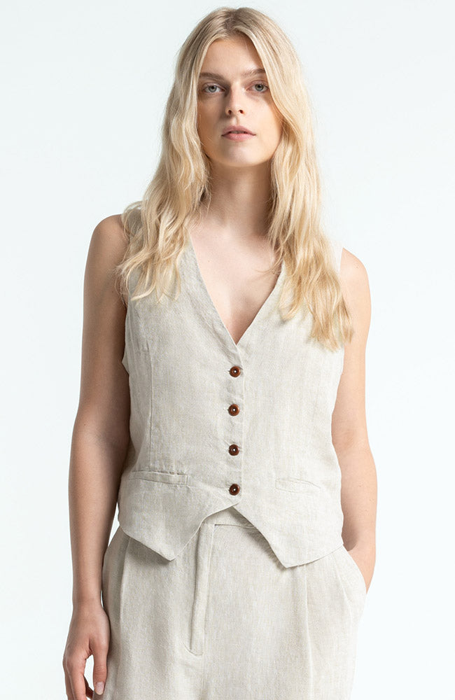 Kings of Indigo Lucia Gilet undyed linen for women | Sophie Stone
