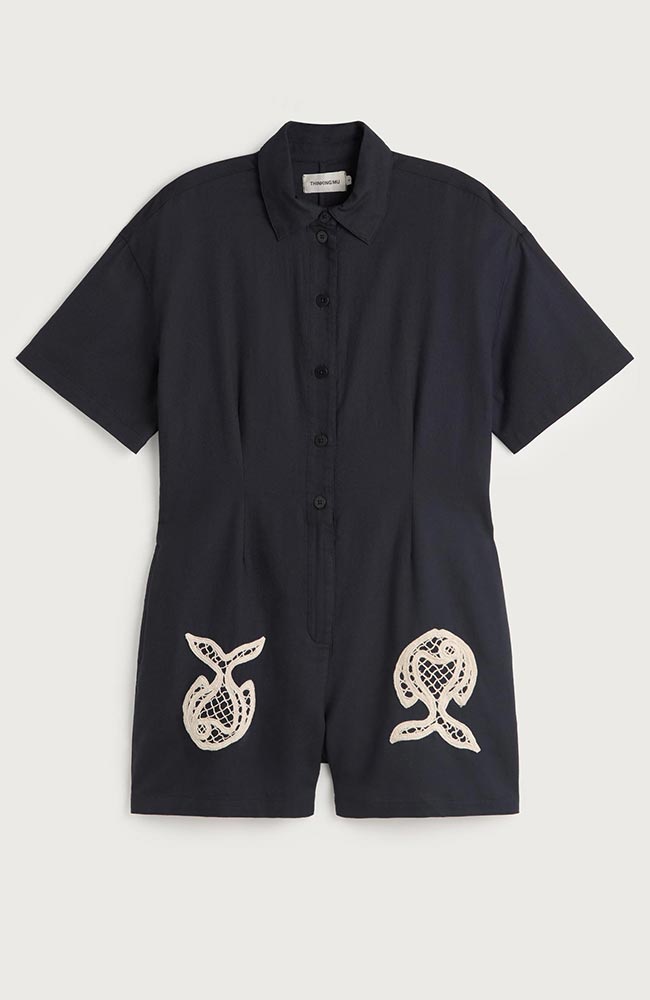 Thinking MU Roberta Jumpsuit in Navy Fish Print, Made from Organic Cotton, for Women | Sophie Stone