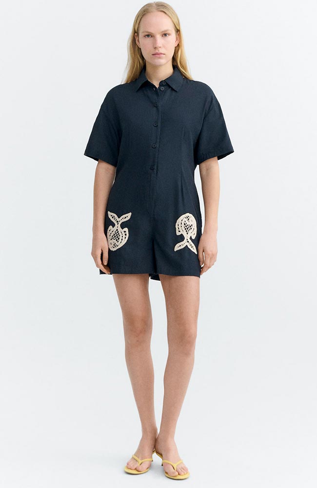 Thinking MU Roberta Jumpsuit in Navy Fish Print, made from organic cotton, for women | Sophie Stone