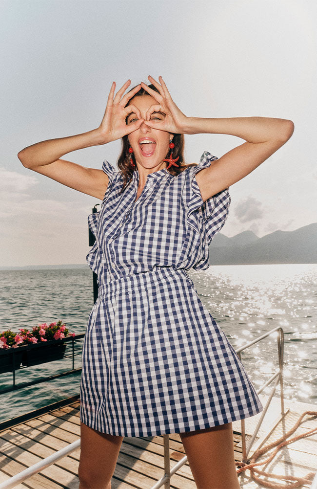 Lanius rok vichy ruit blauw wit gemaakt van biologisch katoen vrouw | Sophie Stone