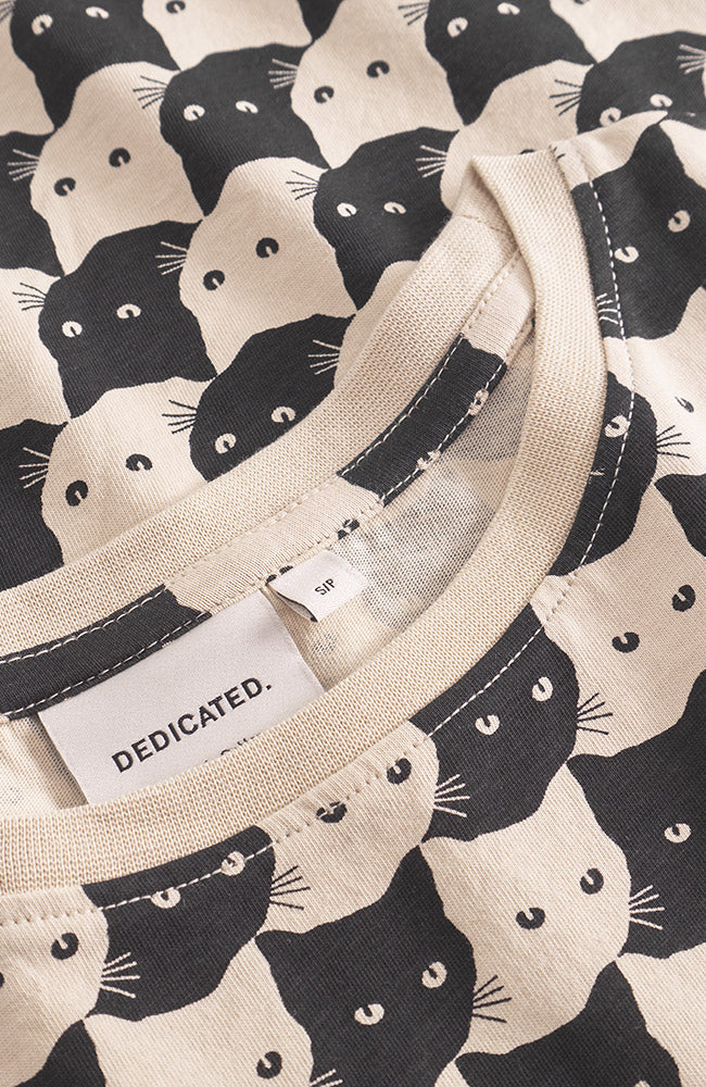 Dedicated Visby t-shirt pepita cats zwart van biologisch katoen voor dames | Sophie Stone 
