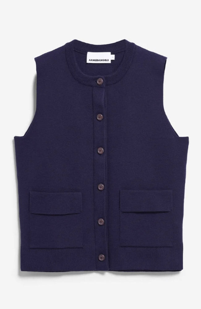 ARMEDANGELS gebreid vest tinted navy blauw van biologisch katoen dames | Sophie Stone