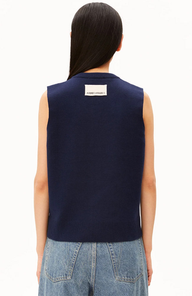 ARMEDANGELS gebreid vest tinted navy van bio katoen vrouw | Sophie Stone