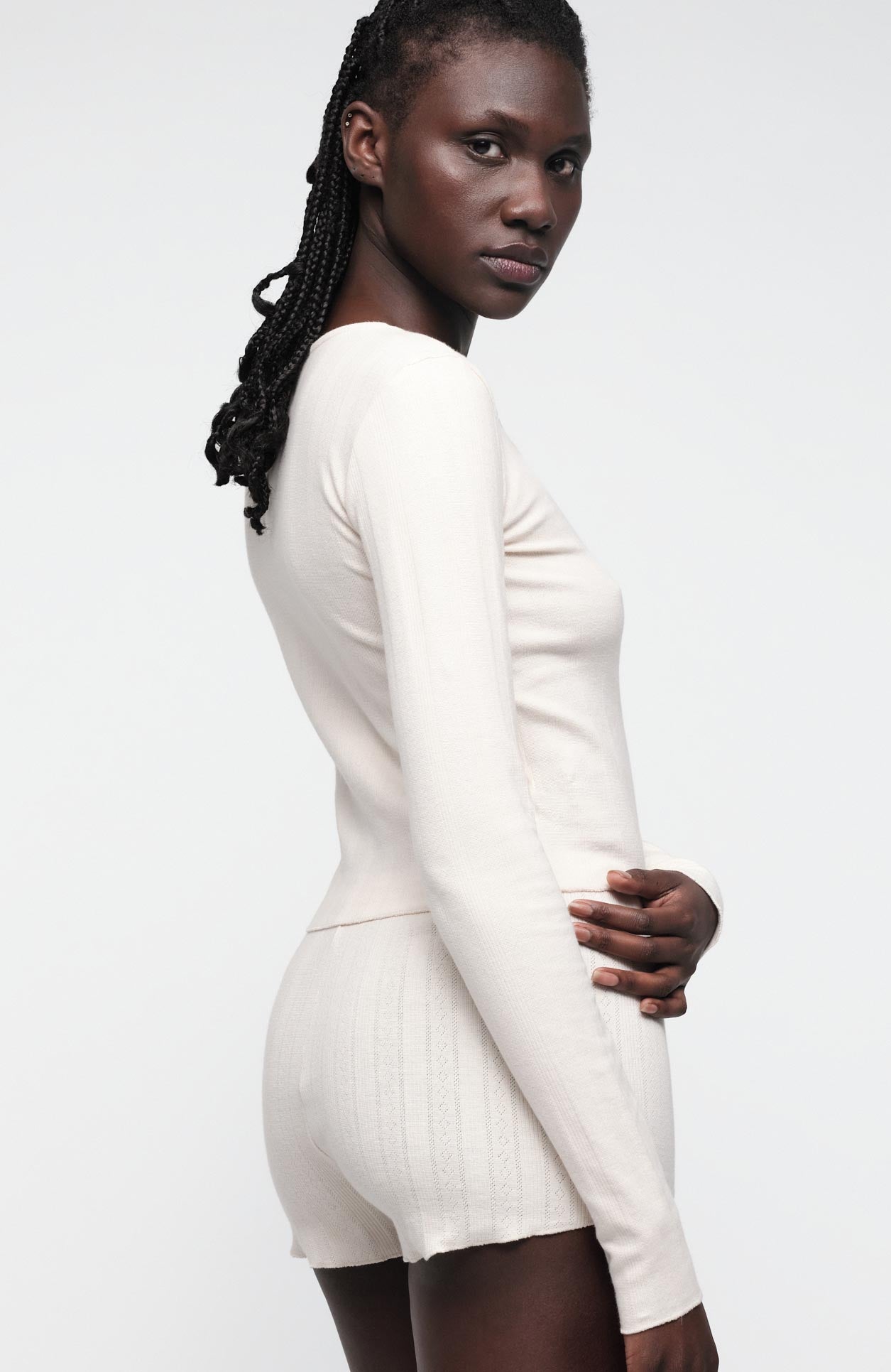 Organic Basics Pointelle Cardigan in Cloud, made from organic cotton, for women | Sophie Stone