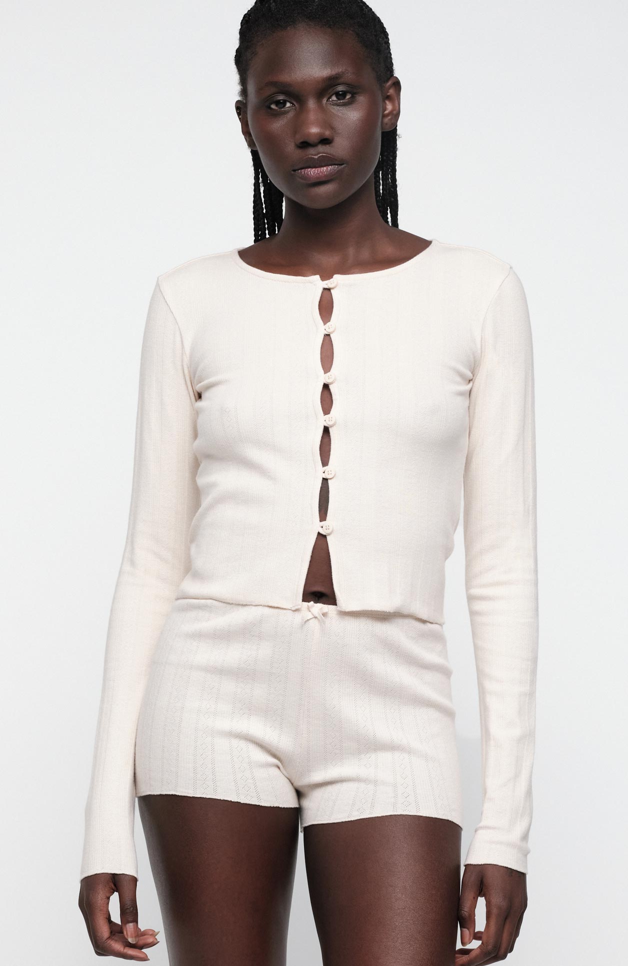 Organic Basics Pointelle Cardigan in Cloud, made from organic cotton, for women | Sophie Stone