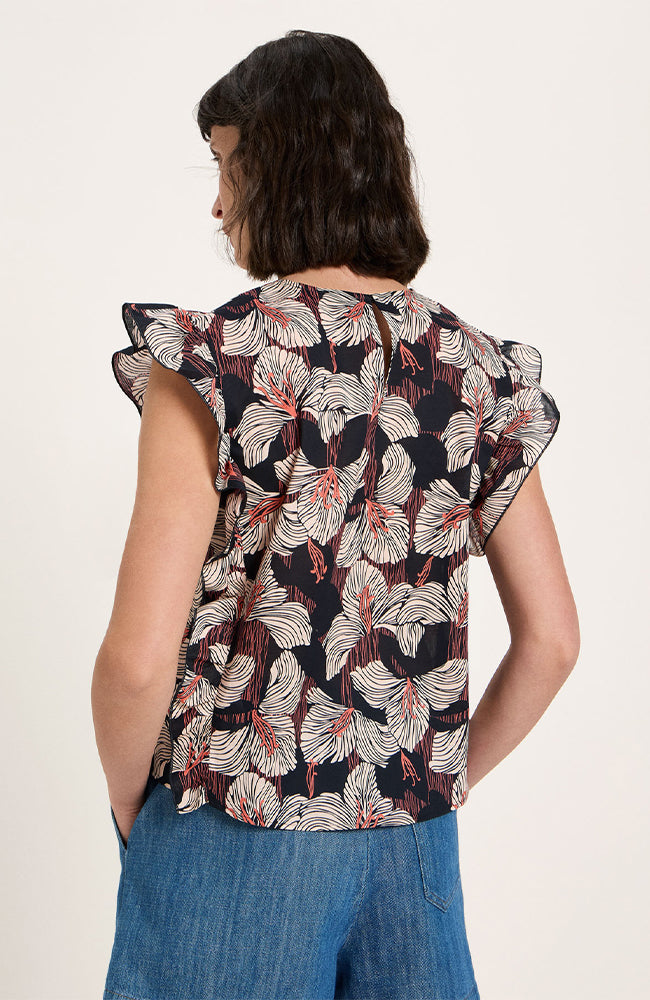 Lanius blouse ruches bloom onyx zwart wit biologisch katoen voor dames | Sophie Stone