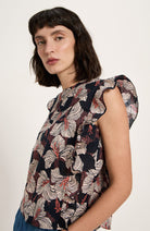 Lanius blouse ruches bloom onyx black white orange van bio katoen voor dames | Sophie Stone