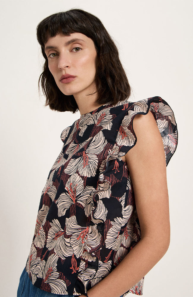 Lanius blouse ruches bloom onyx black white orange van bio katoen voor dames | Sophie Stone