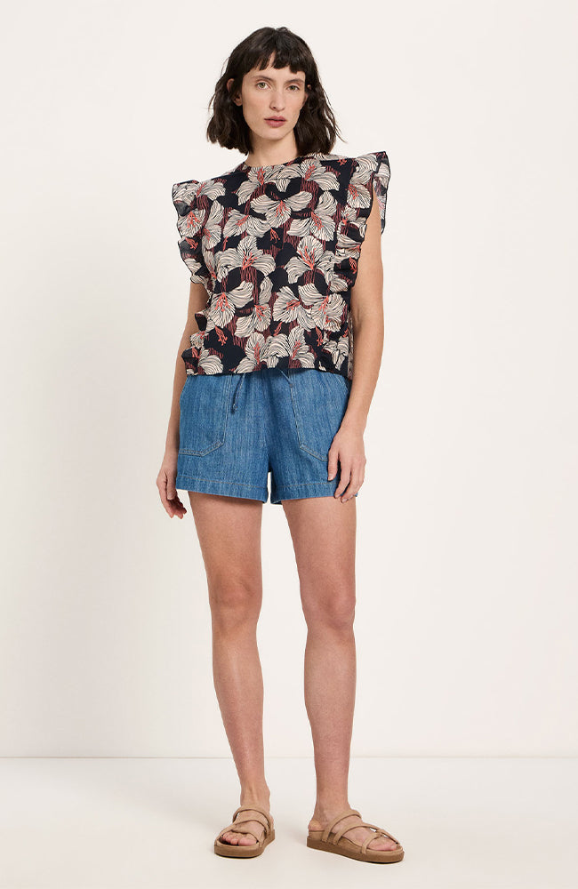 Lanius blouse ruches bloom onyx zwart wit bio katoen vrouw | Sophie Stone