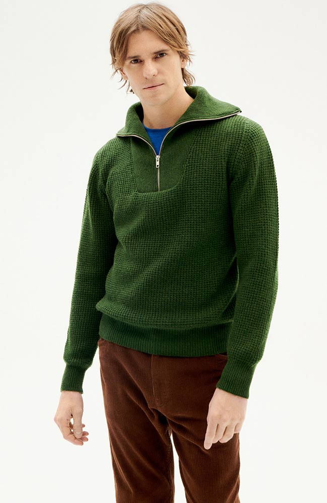 Thinking MU Dark Green Helio knitted sweater | Sophie Stone