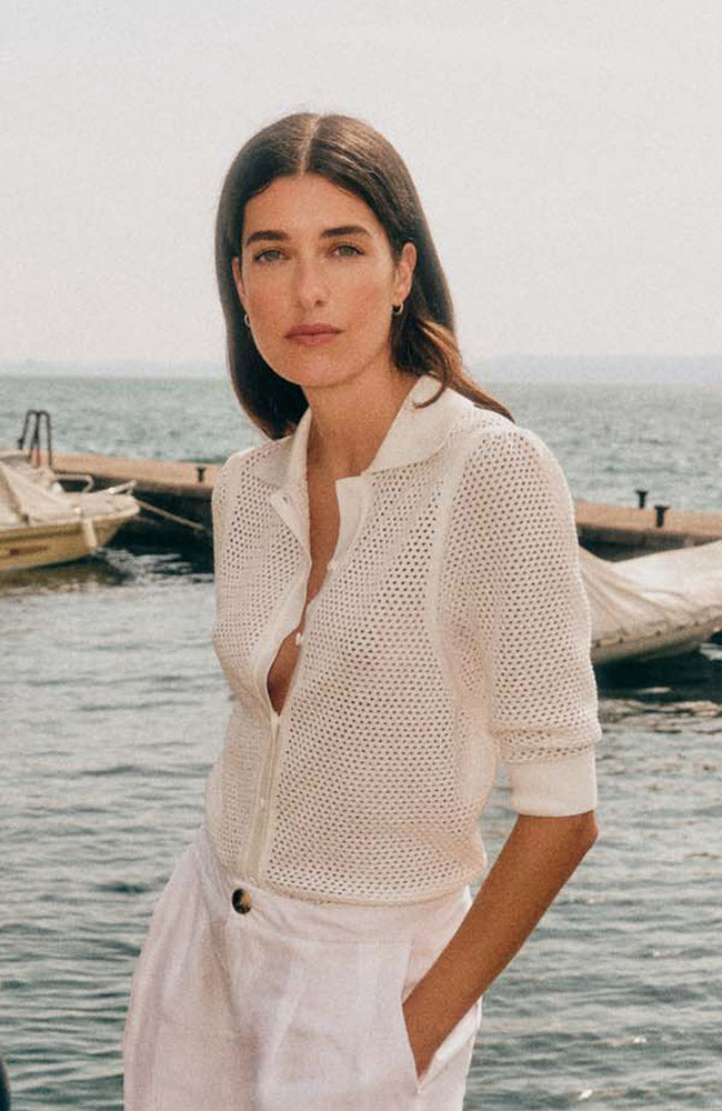 Lanius short-sleeved cardigan in off-white organic cotton for women | Sophie Stone