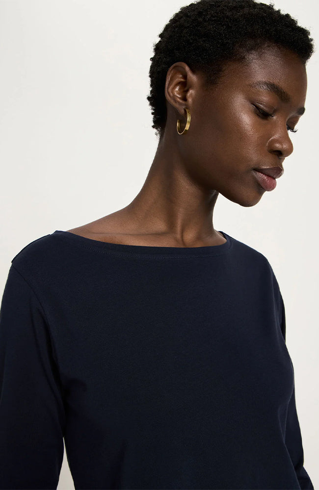 U-boothals top driekwart mouw blauw van biologisch katoen dames | Sophie Stone